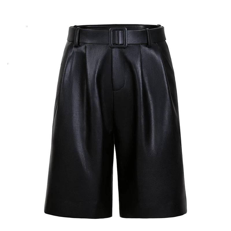 Vegan Leather Ruched Belted Shorts