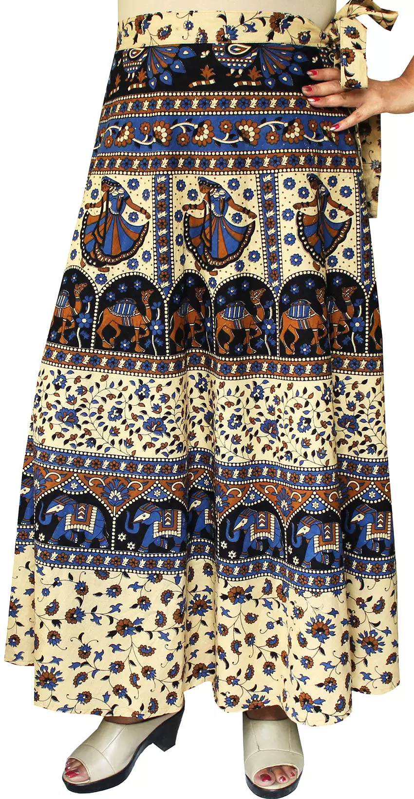 Women's Printed Long Cotton Wrap Around India Skirt (Blue, One Size)