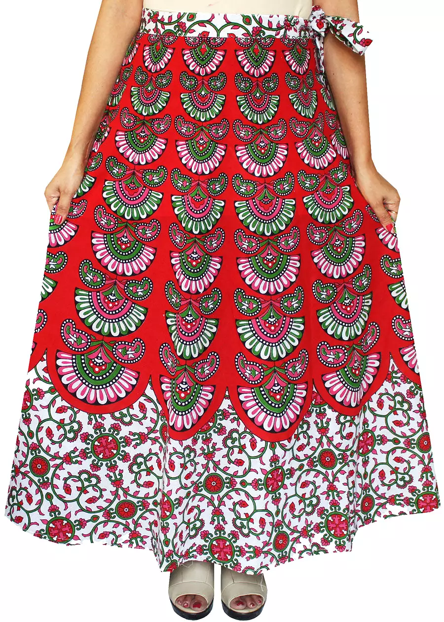 Women's Printed Long Cotton Wrap Around India Skirt (Red, One Size)