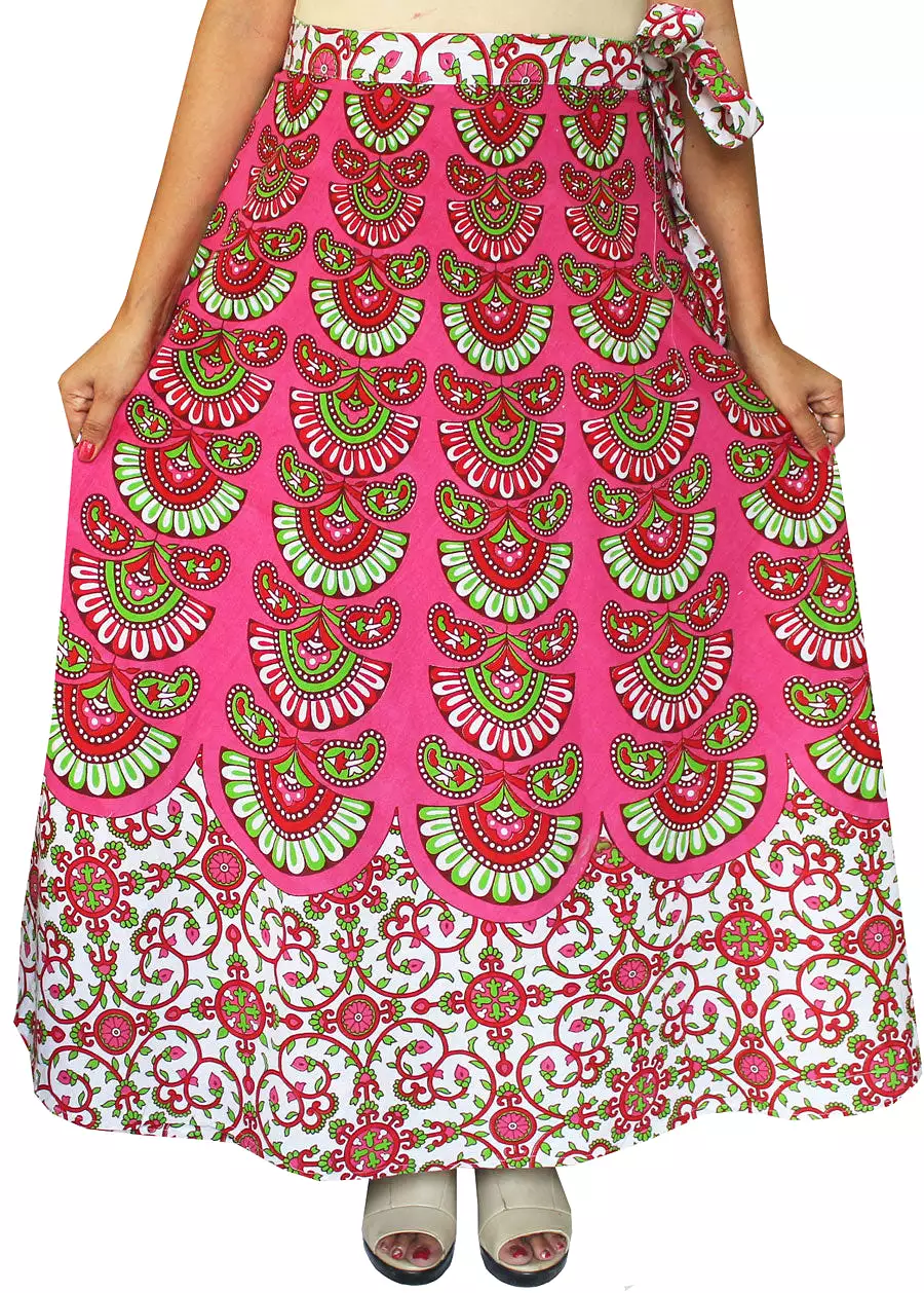 Women's Printed Long Indian Cotton Wrap Skirt (Pink, One Size)