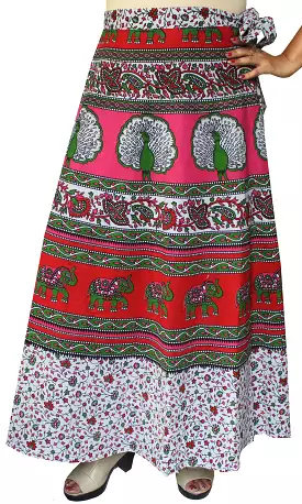 Women's Printed Long Indian Cotton Wrap Skirt (Red, One Size)