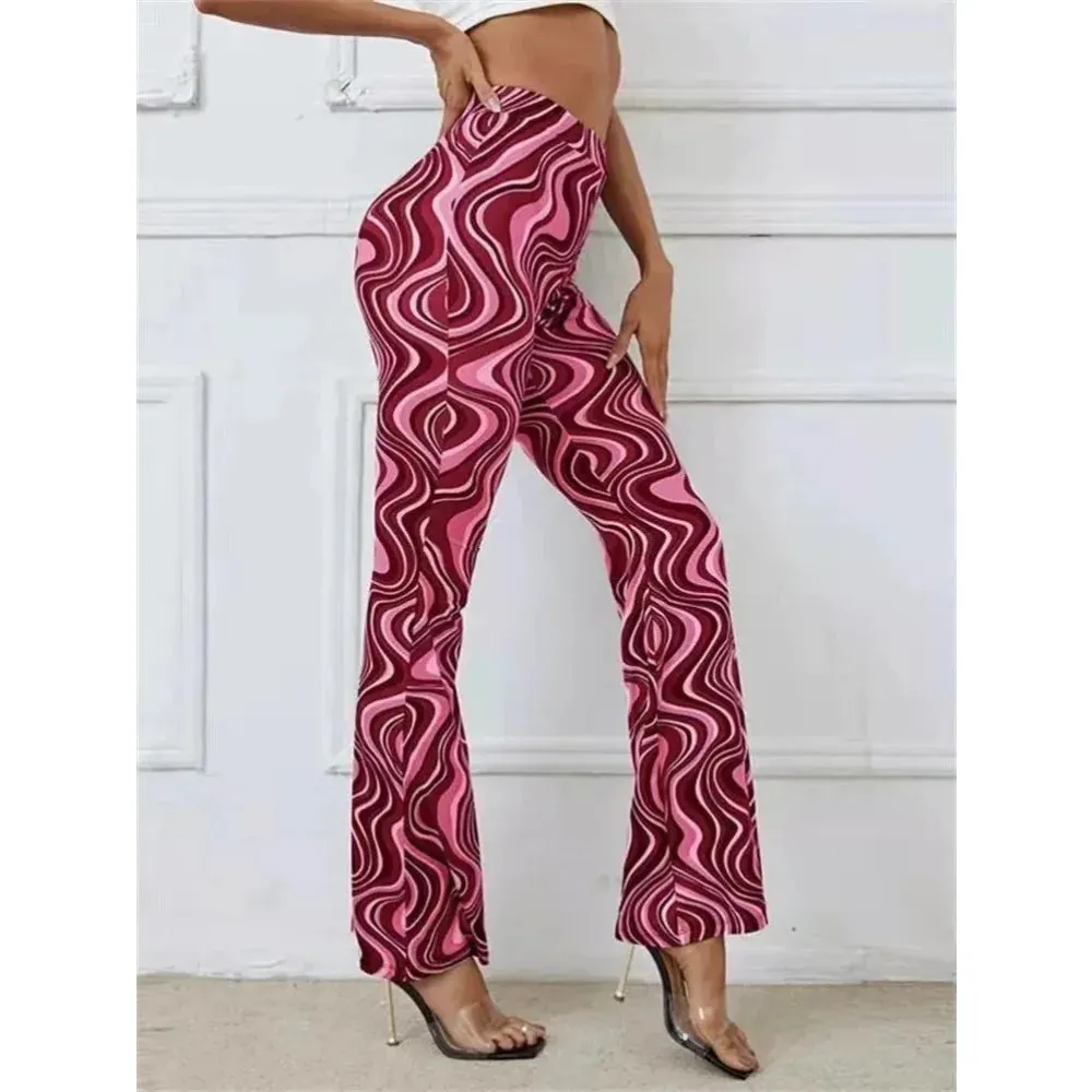 Women's Striped Print High Waist Sportswear Long Flare Pants